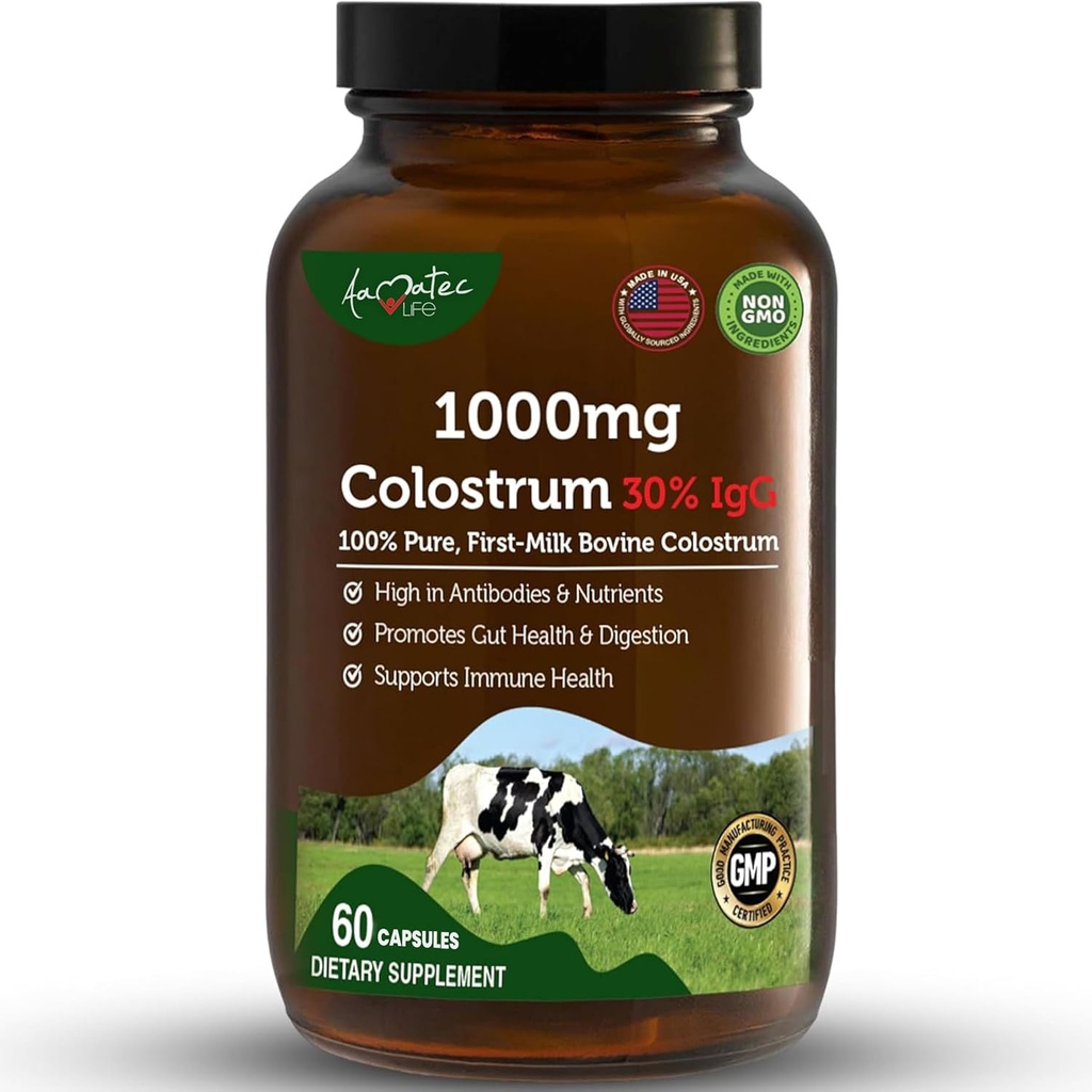 Bovine Colostrum Kapseln 1000mg Kapseln mit Lactoferrin Ergänzung, Bovine Colostrum unterstützt Immunsystem, Gut Health & Respiratory System - 60 Bovine Colostrum Kapseln von Aamatec Life