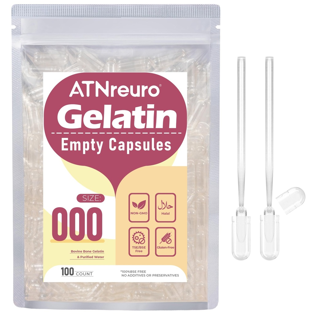 Size 000 Empty Gelatin Capsules with 2 Micro Spoons - 100 Count Empty Clear Capsule - Empty Pill Capsules for Powders Supplements