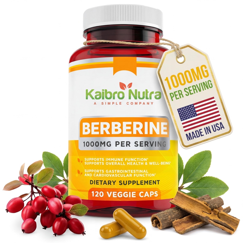 Kaibro Nutra Berberine Supplement 1000mg, Berberine HCL für Immunsystem, Glucose-Unterstützung, Circulatory & Gastrointestinal Health, Vegan & Gluten-Free, 120 Kapseln