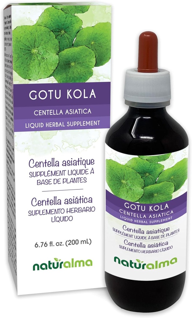 Naturalma Gotu kola (Centella asiatica) Kräuter Alkoholfreie Tinktur - 6.76 fl oz Flüssiger Extrakt in Tropfen - Kräuterergänzung - Vegan