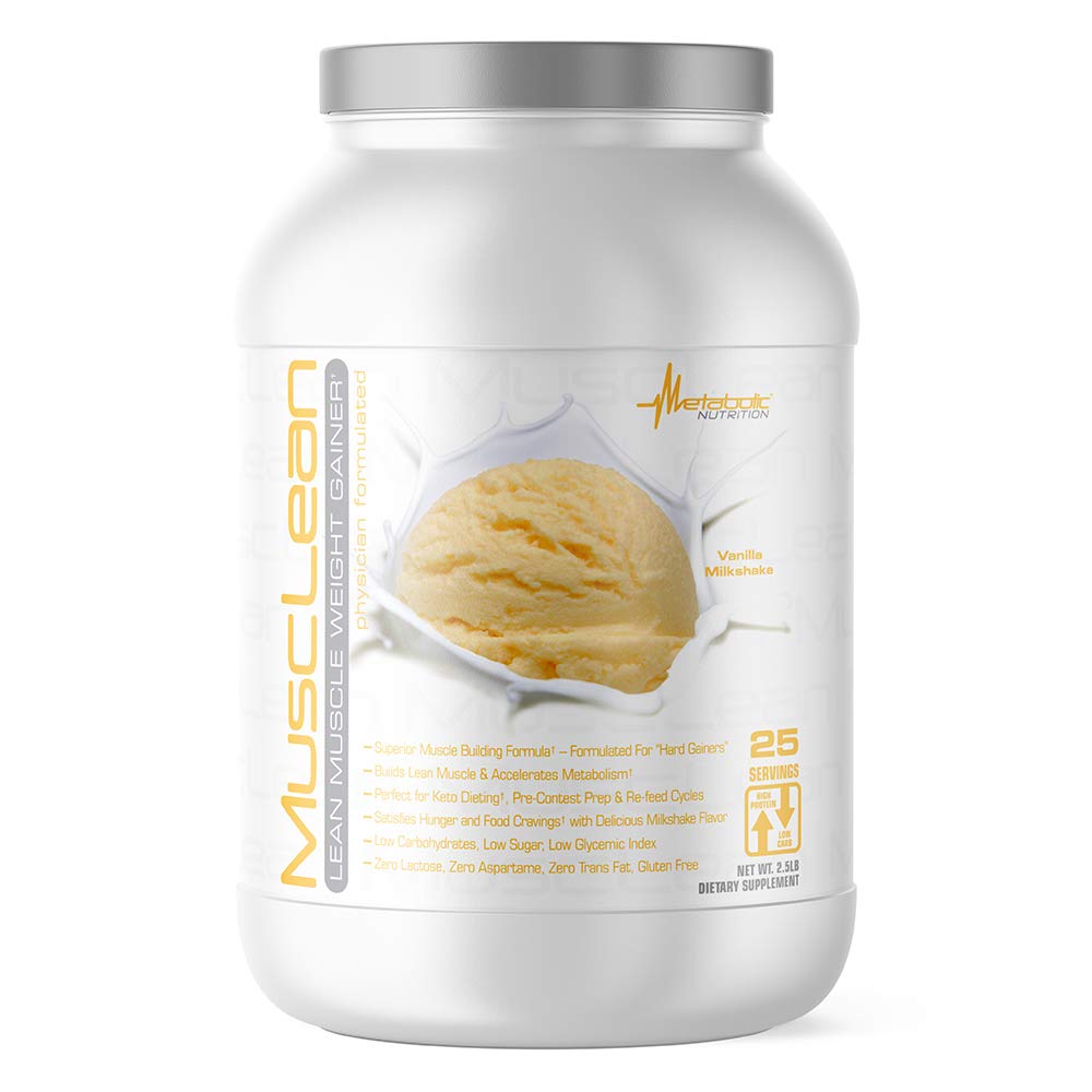 Metabolic Nutrition - Musclean - Milkshake Weight Gainer, Whey High Protein Meal Replacement, Maintenance Nutrition, Low Carb, Keto Diät, Verdauungsenzyme, Vanilla, 2.5 Pound (25 ser)