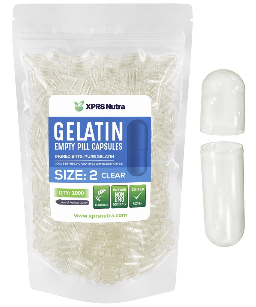 XPRS Nutra Größe 2 Leere Kapseln - 1000 Graf Klare leere Gelatine Kapseln - Pillen DIY Kapsel Füllung - Pure Bovine Pill Gel Kapseln für Do-It-Yourself Ergänzungen