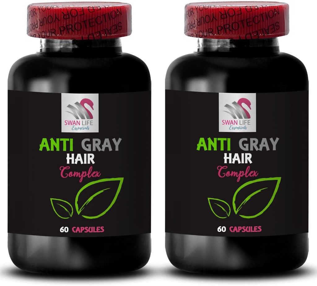 Anti graue Haar Vitamine - ANTI GRAY HAIR COMPLEX - Graue Haarumkehr, Haarumwandlung, Graue Haare Unterstützung, Farb Vitalität Booster, Jugendlicht, Haarschattenkorrektur 2 Flaschen 120 Kapseln