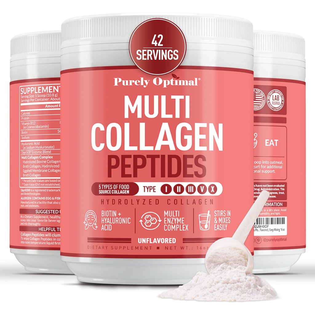 Rein optimales Multi-Kollagen-Pulver für Damen - 5 Arten hydrolysierte Collagen-Peptide mit Biotin & Hyaluronsäure für Haar, Haut, Nägel, Knochen & Gelenke - Entflammt, einfache Mischung, 42 Portionen