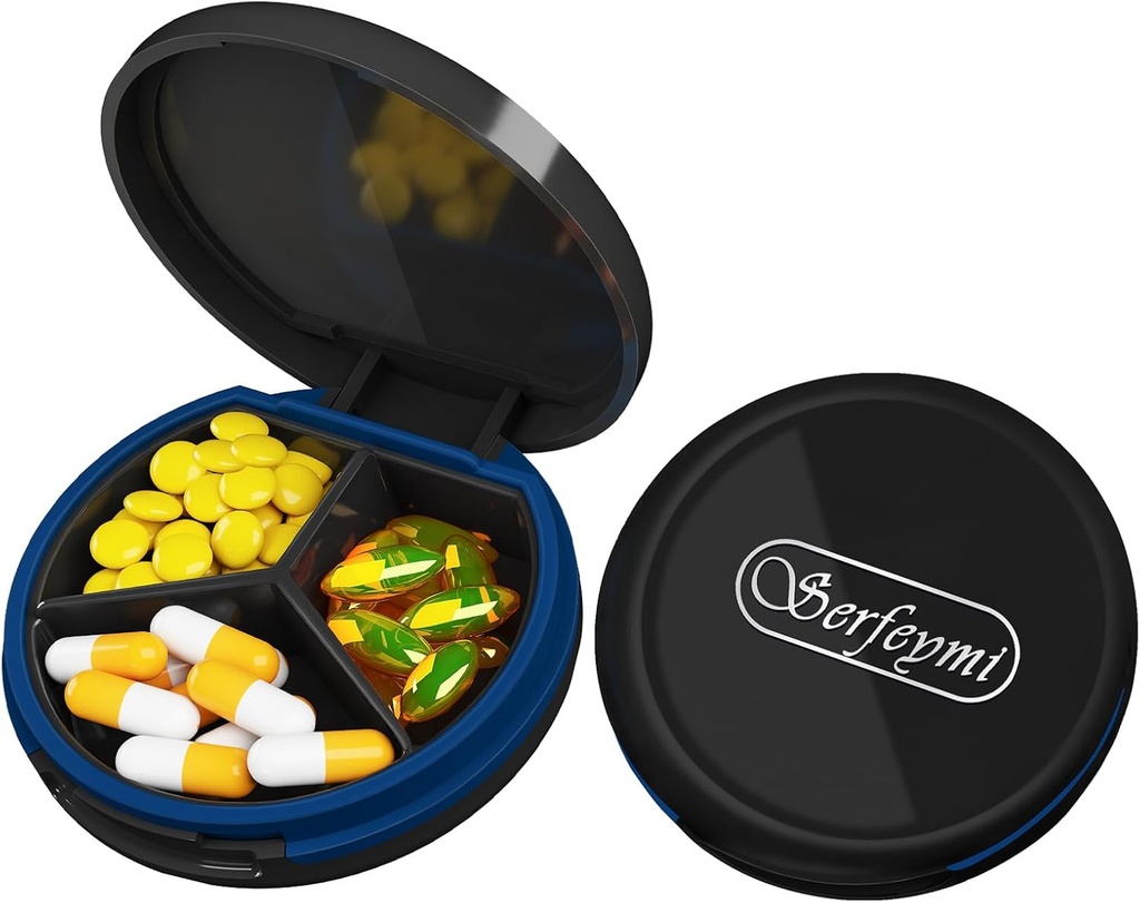 Serfeymi Small Pill Box - 3 Komponenten Tragbare Pille Box für Geldbörse Tasche, Compact Mini Travel Pill Case - Geeignet für Medizin, Vitamin, Fish Oil, Supplements - Schwarz(Logo)
