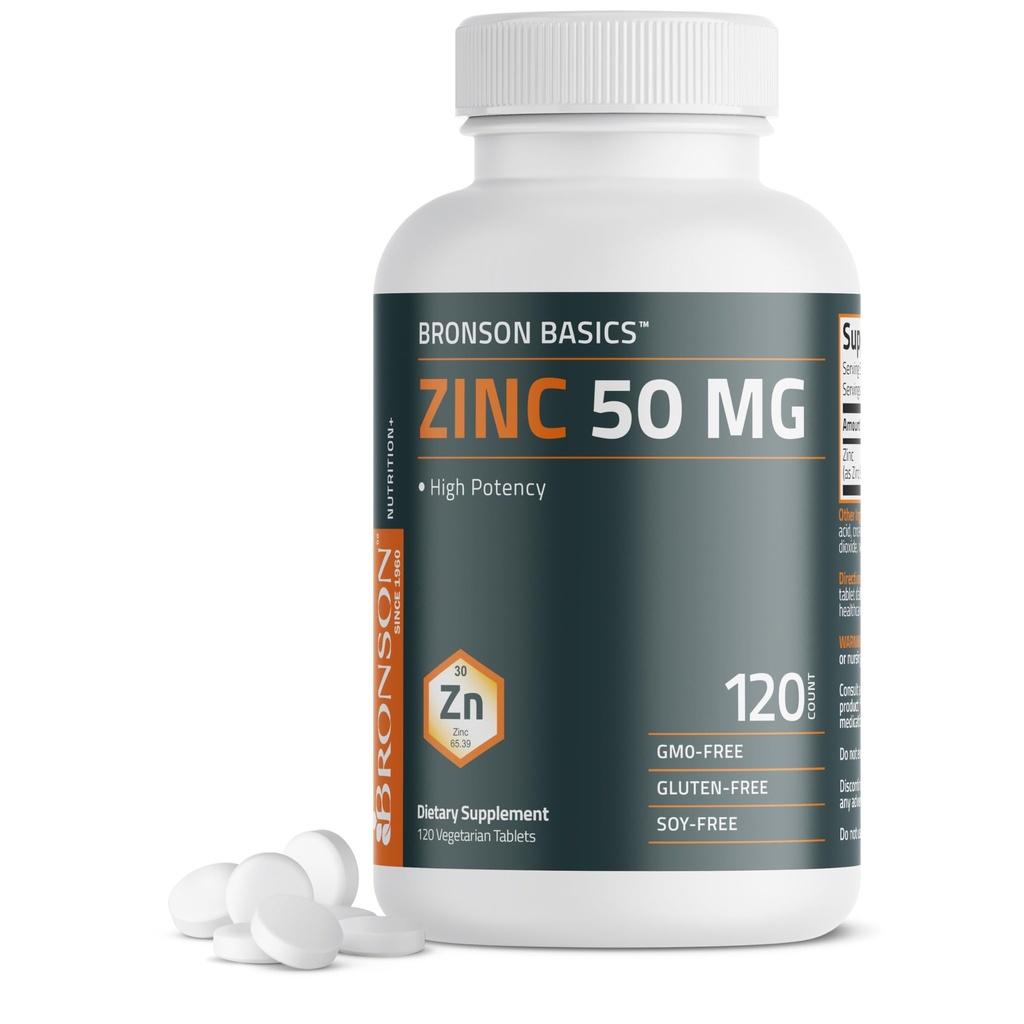 Bronson Zinc 50 MG High Potency unterstützt Hautgesundheit - Non-GMO, 120 vegetarische Tabletten