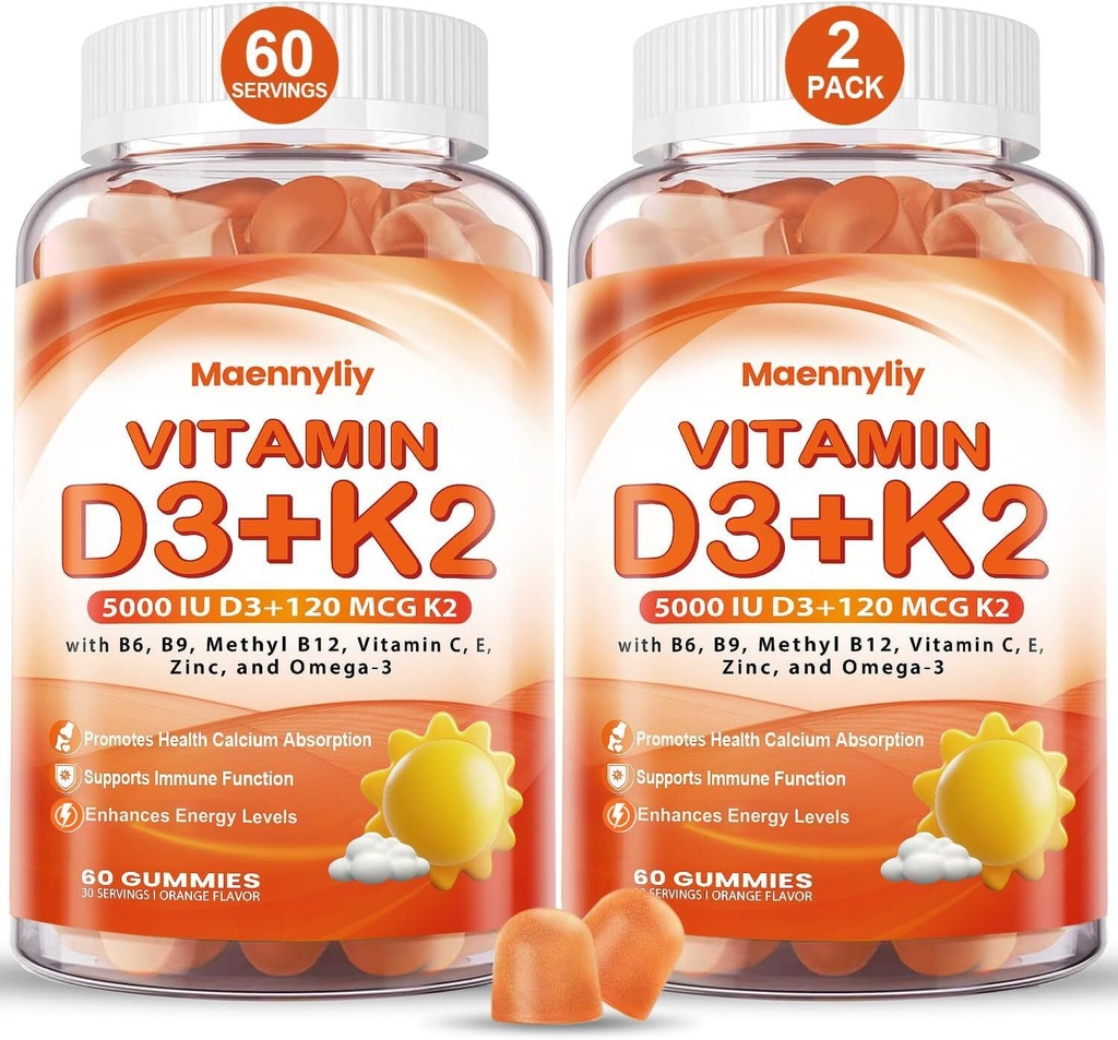 Vitamin D3 K2 Gummi für Erwachsene - Vitamin D3 5000IU + K2 (MK-7) 120mcg - Zuckerfreie D3 und K2 Beilagen mit Omega-3, Methyl B12, B9, B6, Vitamine E & Zink - für Calciumabsorption & Immune Gesundheit
