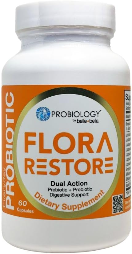 belle+bella Flora Restore Daily Probiotic - 15 Billion Live Cultures - Probiotics & Prebiotics for Digestive & Gut Health - Immununterstützung - Promotes Regularity - Vegan & Gluten Free - 60 Caps