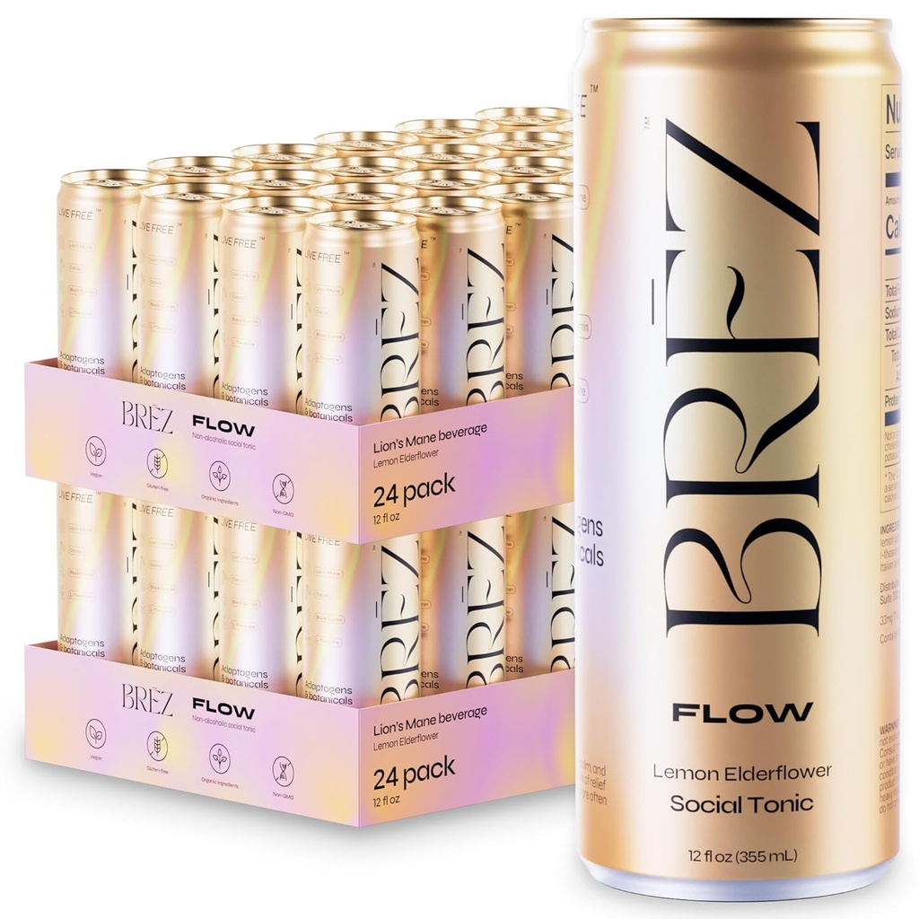 BREZ FLOW Lion's Mane Mushroom Drink, 48-Pack, Non-Infused, Adaptogene, Relieving, Uplifting und Social, Sparkling Lemon Elderflower Tonic 12 Fl oz