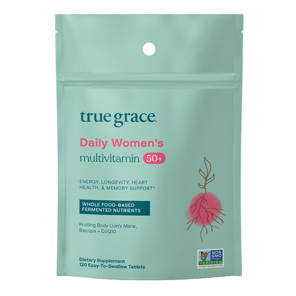 True Grace Daily Women’s Multivitamin 50+ - 120 Easy-to-Swallow Tablets - Immune, Energy, Longevity & Memory Support - Vegan - Gluten, Soy & Iron Free - 60 Servings