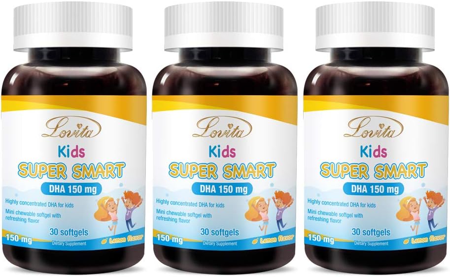 Lovita Kids Super Smart DHA, 150mg DHA und 30mg EPA von Omega 3 Fettsäuren, unterstützt Gehirngesundheit, natürliche Zitronengeschmack, 30 Kaubare Softgels (Pack von 3)
