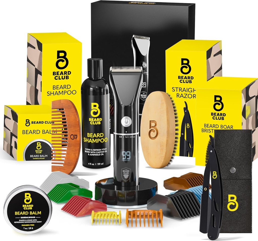 The Beard Club Herren Grooming Kit mit professionellem Akku elektrische wiederaufladbare Haar-und Bart-Trimmer, gerade Edge-Razor, Shampoo, Balm, Brush & Comb Geschenkset