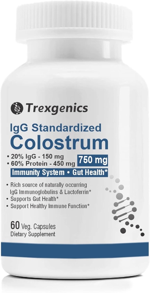 Trexgenics Colostrum 750 mg, 20% IgG, 60% Protein, Immunity, Gut Health Support Vegetarian & Non-GMO (60 Veg. Capsules) (Pack of 1)