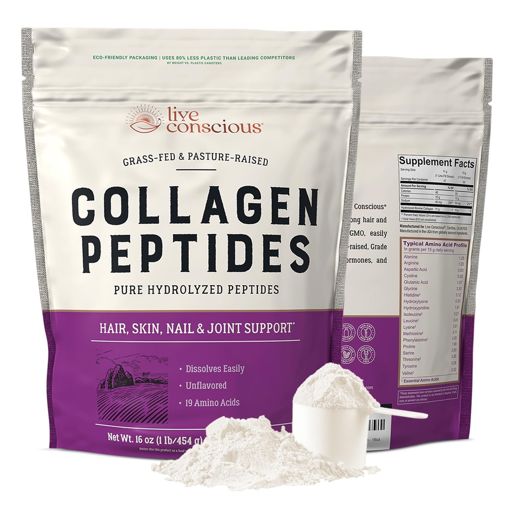 Live Conscious Collagen Peptides Powder - Naturally-Sourced Hydrolyzed Collagen Powder - Haar, Haut, Nagel und Gelenke Unterstützung - Typ I & III Grass-Fed Collagen Ergänzungen für Frauen und Männer - 16oz