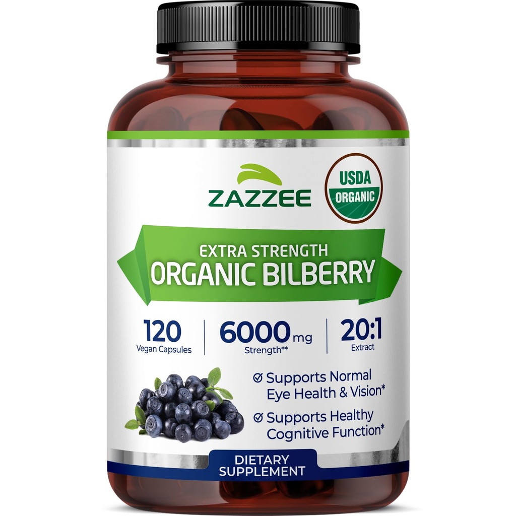 Zazze USDA Organic Bilberry 20:1 Extrakt, 6000 mg Stärke, 120 Vegan Kapseln, 4 Monate Versorgung, Standardisiert und konzentriert 20X Extrakt, 100% Vegetarisch, All-Natural, Non-GMO, Made in USA