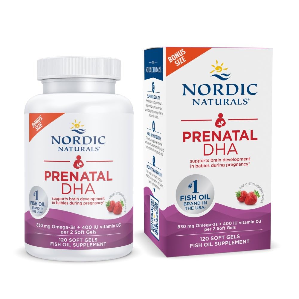 Nordic Naturals Pränatal DHA, Erdbeere - 120 Weichgele - 830 mg Omega-3 + 400 IU Vitamin D3 - Unterstützt Gehirnentwicklung in Babys während Schwangerschaft & Lactation - Non-GMO - 60 Servietten