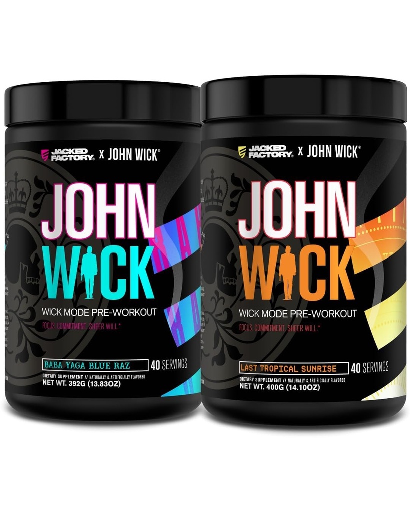 Jacked Factory X John Wick - Wick Mode Pre Workout Powder - Intense Energy, Battle-Ready Focus, Unstoppable Commitment und Sheer Will - Baba Yaga Blue Raz & Last Tropical Sunrise