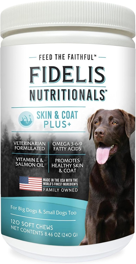FIDELIS Skin & Coat Plus+ Hunde Skin & Coat Supplement, Omega 3, Vitamin E, Lachsöl für Hunde, Fettsäuren, Gesunde Haut, Shiny Coat, Erwachsene, Big & Small, Made in USA, Gemüse Geschmack, 120 Soft Chews