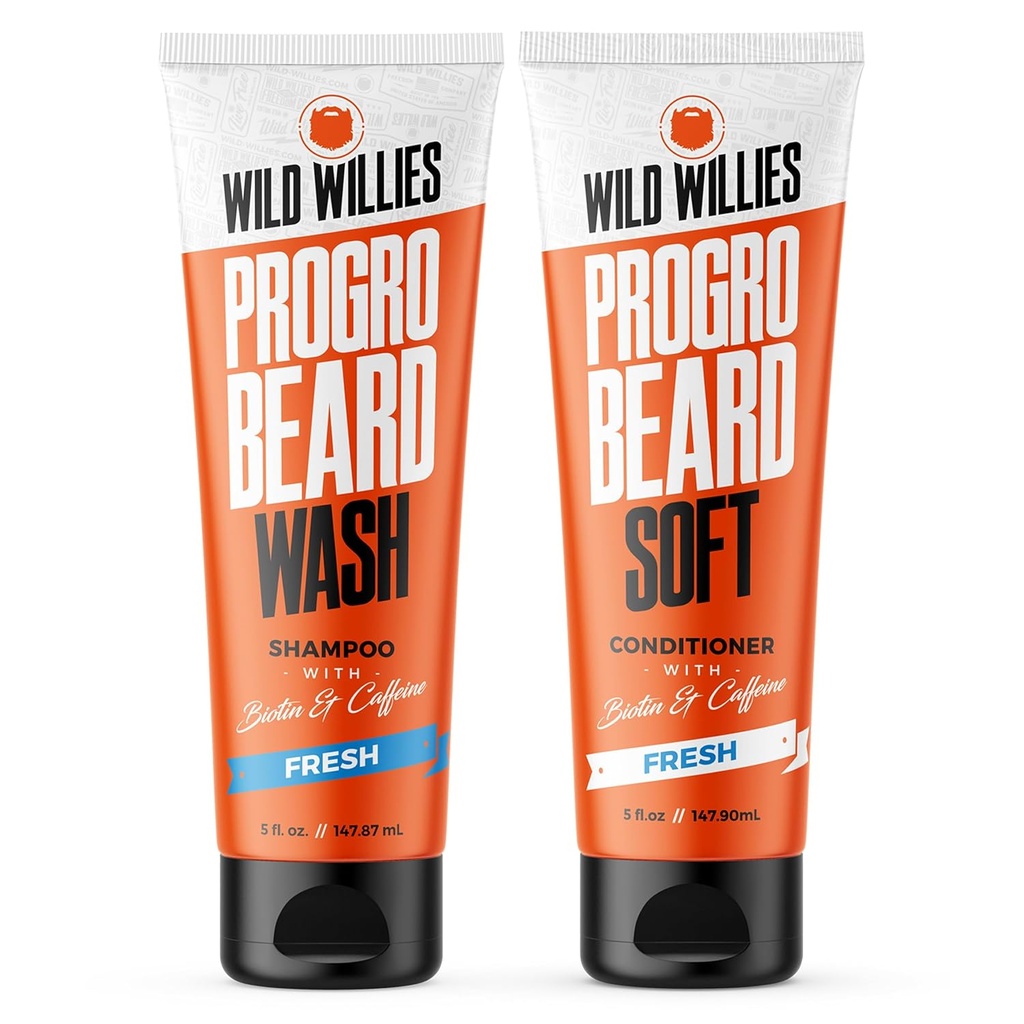 Wild Willies PROGRO Bart Shampoo und Conditioner Kit - Fortified w/Caffeine & Biotin - Stärkung, Flake-Free, Moisturizing Beard Wash und Conditioner für Männer, 2 x 5oz Tubes