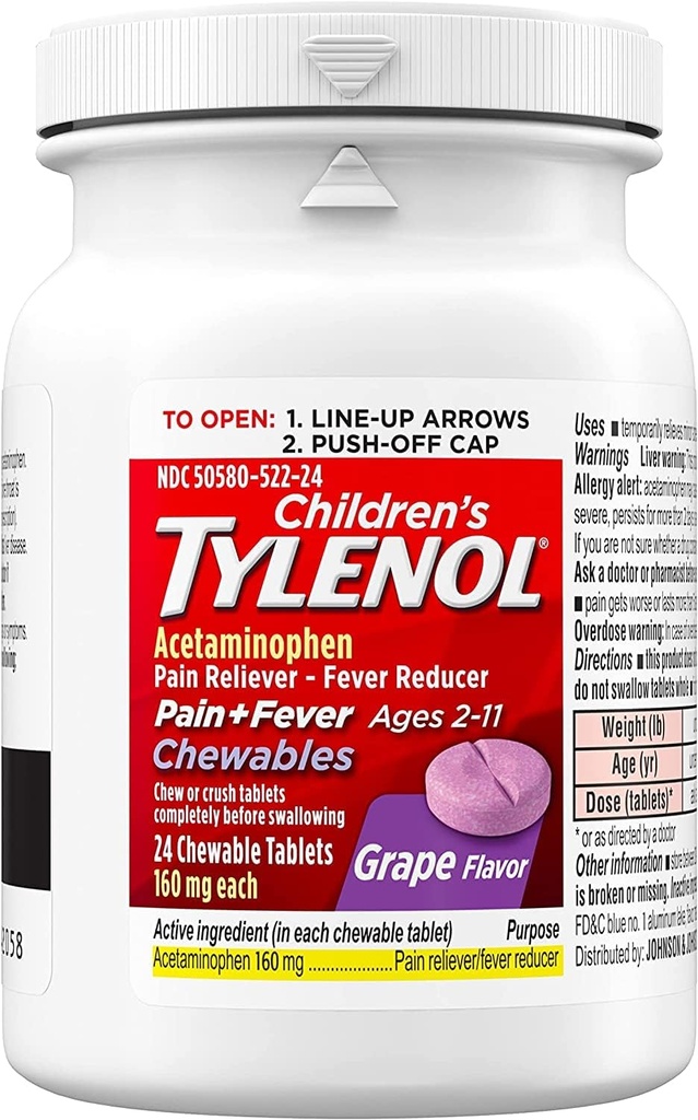Tylenol Kinder Schmerz Plus Fever, Trauben, 24 Kautabletten (Pack von 2)