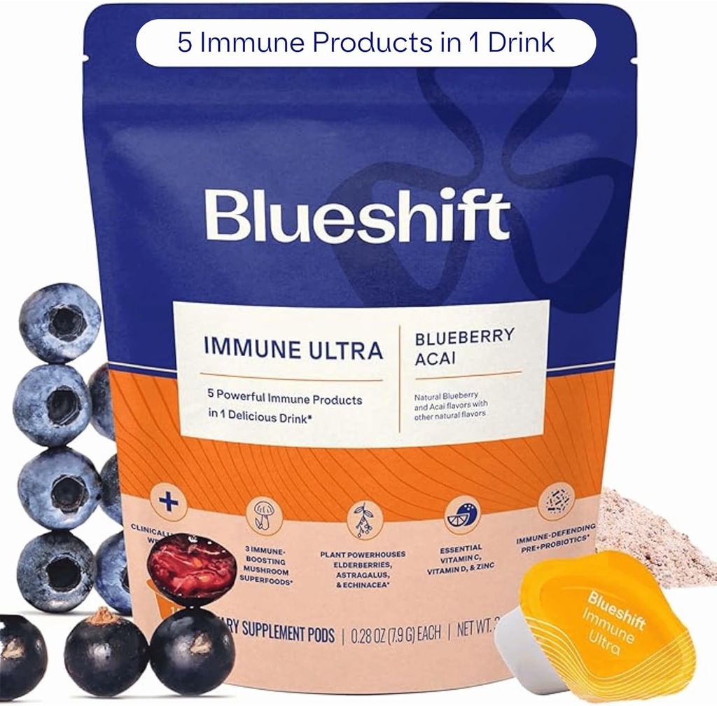 Blueshift Immune Ultra - 5-in-1 Immun-Support-Pulver-Getränk-Mischung, Immunabwehr-Vitamin-Ergänzung mit Vitamin C, Zink, Superfoods, Antioxidantien, Pre und Probiotics - Blueberry Acai Pods (14 Pack)