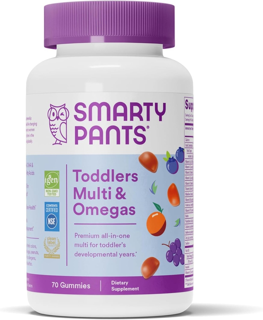 SmartyPants Kleinkind Multivitamin Gummis: Omega 3 Fischöl (EPA/DHA), Vitamin D3, C, Vitamin B12, B6, A, K & Zink, Biotin, Beta Carotene, Glutenfrei, Drei Obst Geschmacksrichtungen, 70 Count (23 Tage Versorgung)