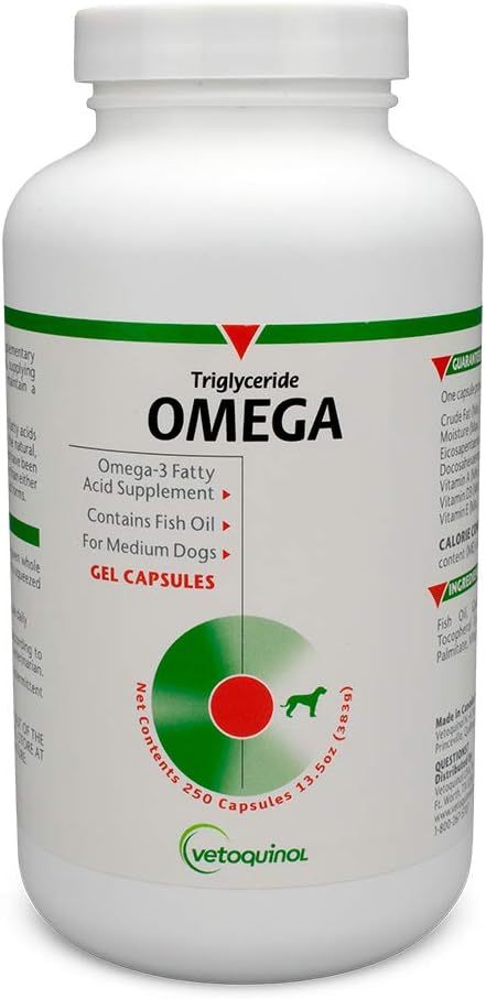 Vetoquinol Triglycerid Omega Dog Supplement Kapseln, Medium-Breed: 30-60 lbs, 250ct