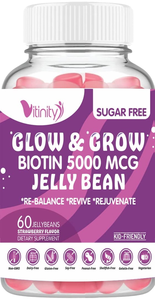 VITINITY Biotin 5000 Mcg Extra Strength Vegetarian (Vitamin B) Sugar-Free Supplement-Supports Healthier Hair & Skin - Frauen & Männer 60 Veggie Sugar-Free Jelly Bohnen (30 Tage Versorgung)