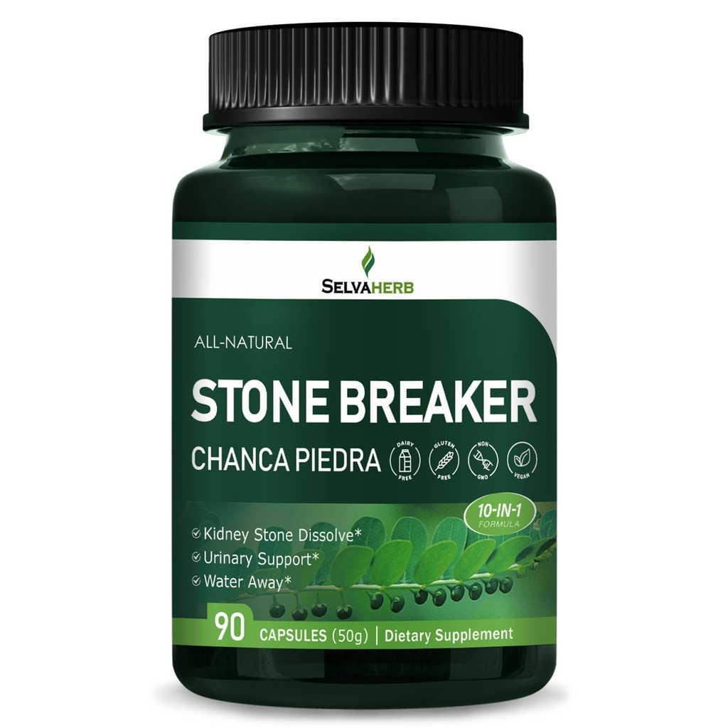Stone Breaker (Chanca Piedra) Capsules for Kidney Stone Dissolve, Urinary Support & Water Away Herbal Supplements w/Horsetail Uva Ursi Goldenrod Dandelion Cat's Claw Extract. 90 Count