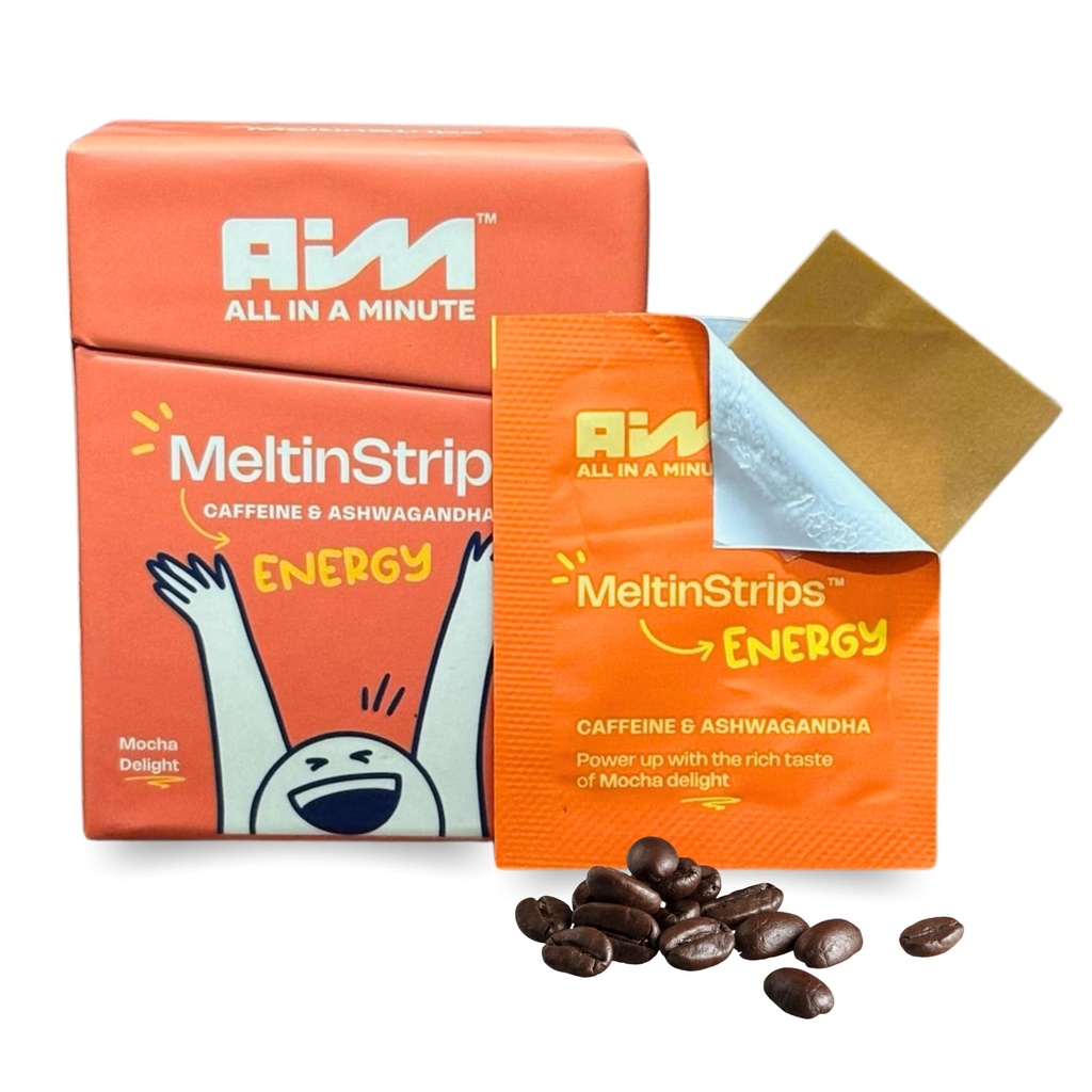 MeltinStripsTM Energy Strips mit 40mg Koffein, 20mg Ashwagandha & Vitamin B12 | Instant Energy & Focus Ohne Jitter oder Crash | Funktioniert schneller als Kaffee | Mocha Flavor - 30 Streifen