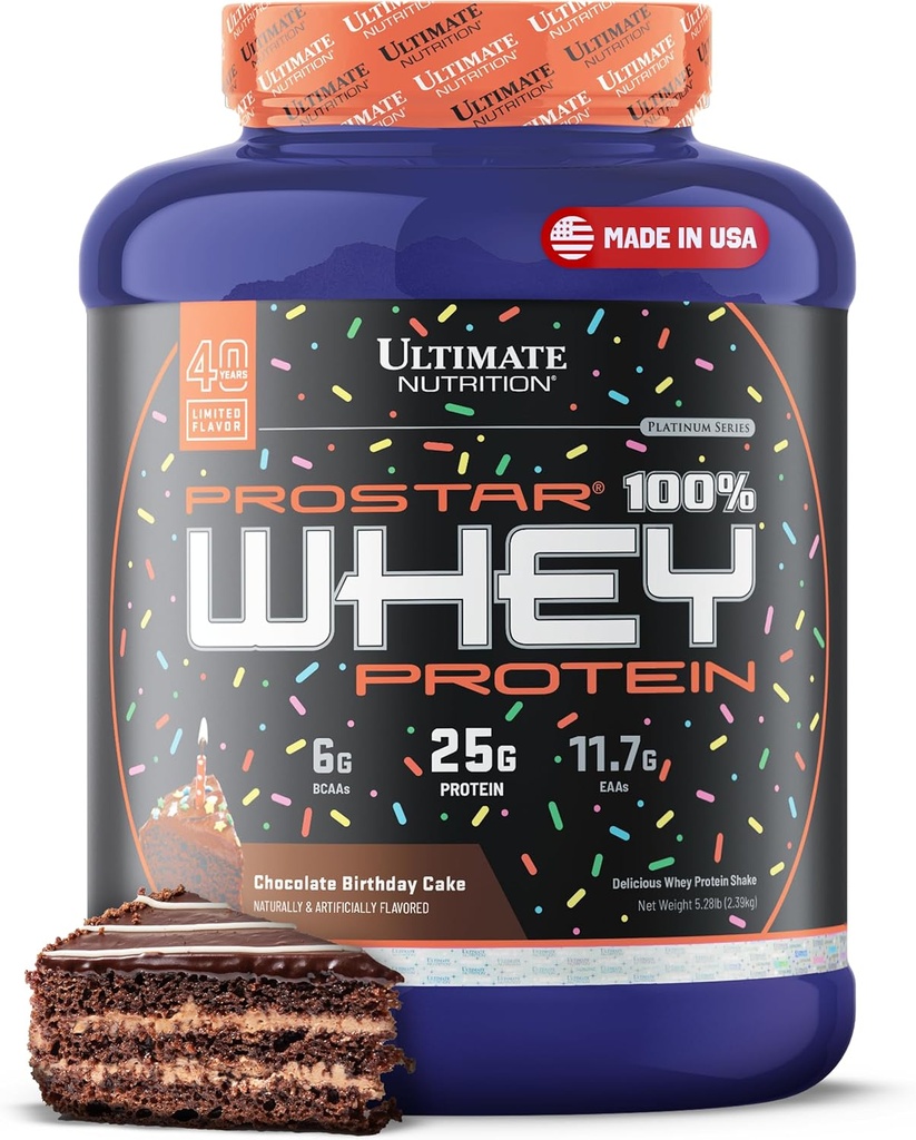 Ultimate Nutrition Prostar Whey Protein Powder Isolate, Chocolate Birthday Cake - Low Carb, High Protein Powder Shake für Muskelaufbau & Recovery - Low Sodium, Low-Fat & Keto Friendly - 5,28 lbs Tub