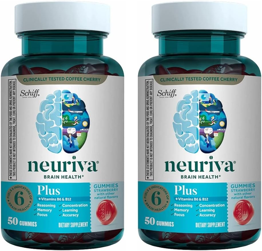 NEURIVA Plus Brain Supplement für Speicher, Fokus & Konzentration + Kognitive Funktion mit Nootropics Phosphatidylserine und Neurofactor, VIT B6 & B12, Erdbeer-Flamour, 50 Gummi (2 Pack)