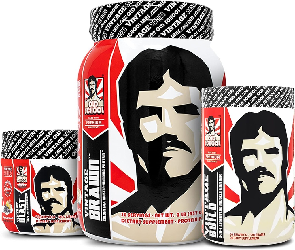 Old School Labs Vintage Build Post Workout, Vintage Blast Pre Workout und Vintage Brawn Protein
