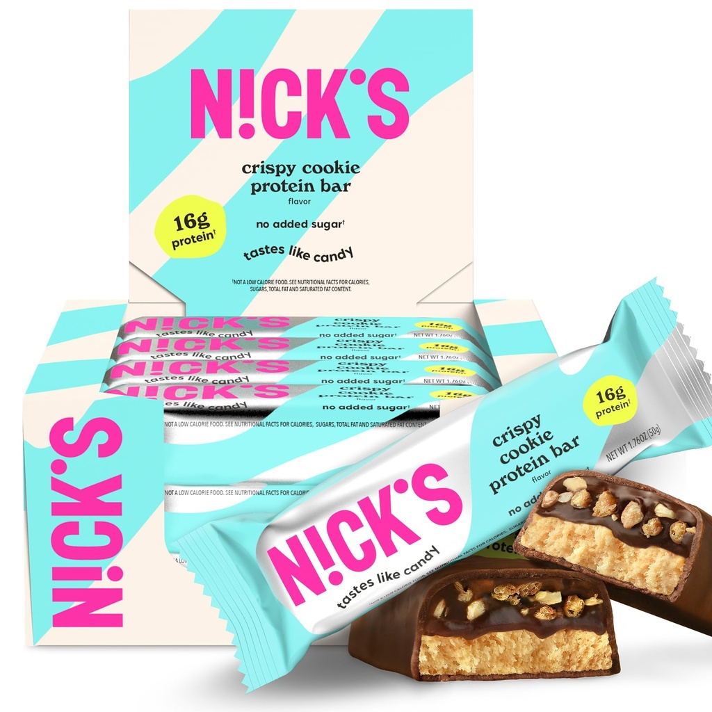 Nick's Protein Bars Crispy Cookie Chocolate, High Protein, Low Calories, Low Carb, Keto Friendly Snacks No Added Sugar (Multipack 12 bar x 50g), Crispy Cookie Geschmack