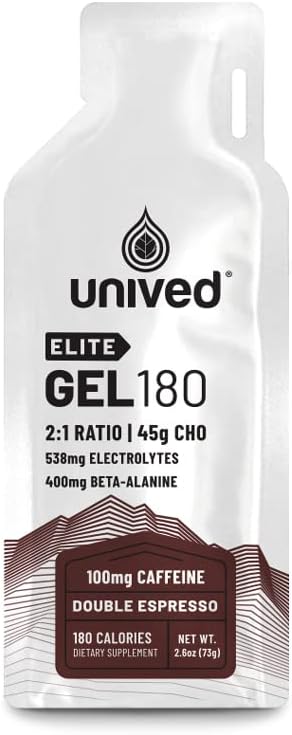 Unived Elite Gel 180-2:1 Verhältnis von einfachen und komplexen Carbs mit Beta Alanine & Essential Electrolytes - für Endurance Athletes Runners & Cyclists -180kcal - Double Espresso - 100mg Koffein - Pack von 6