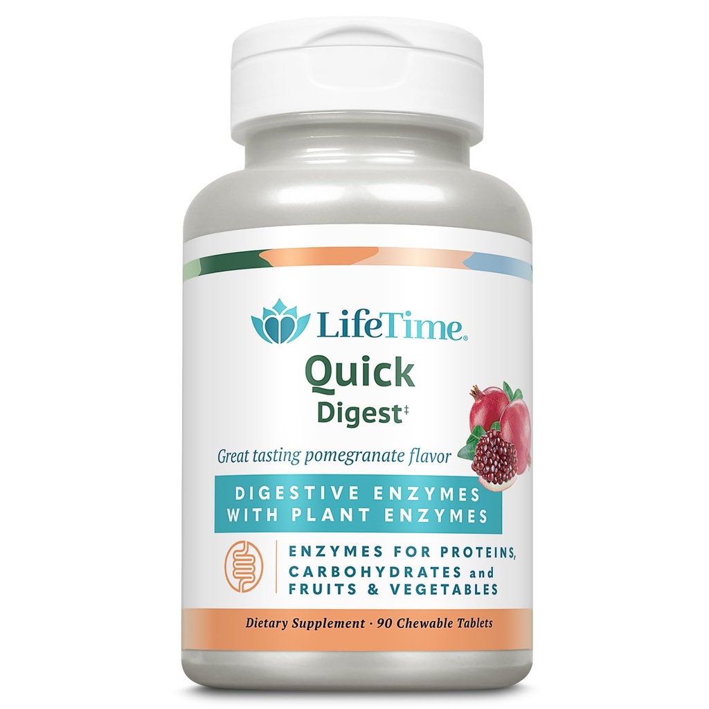LIFETIME Quick Digest Digestive Enzyme - Pflanzenenzyme für Proteine, Kohlenhydrate, Früchte und Gemüse - Verdauungshilfe - Granatapfel - 90 Servierungen, 90 Kautabletten