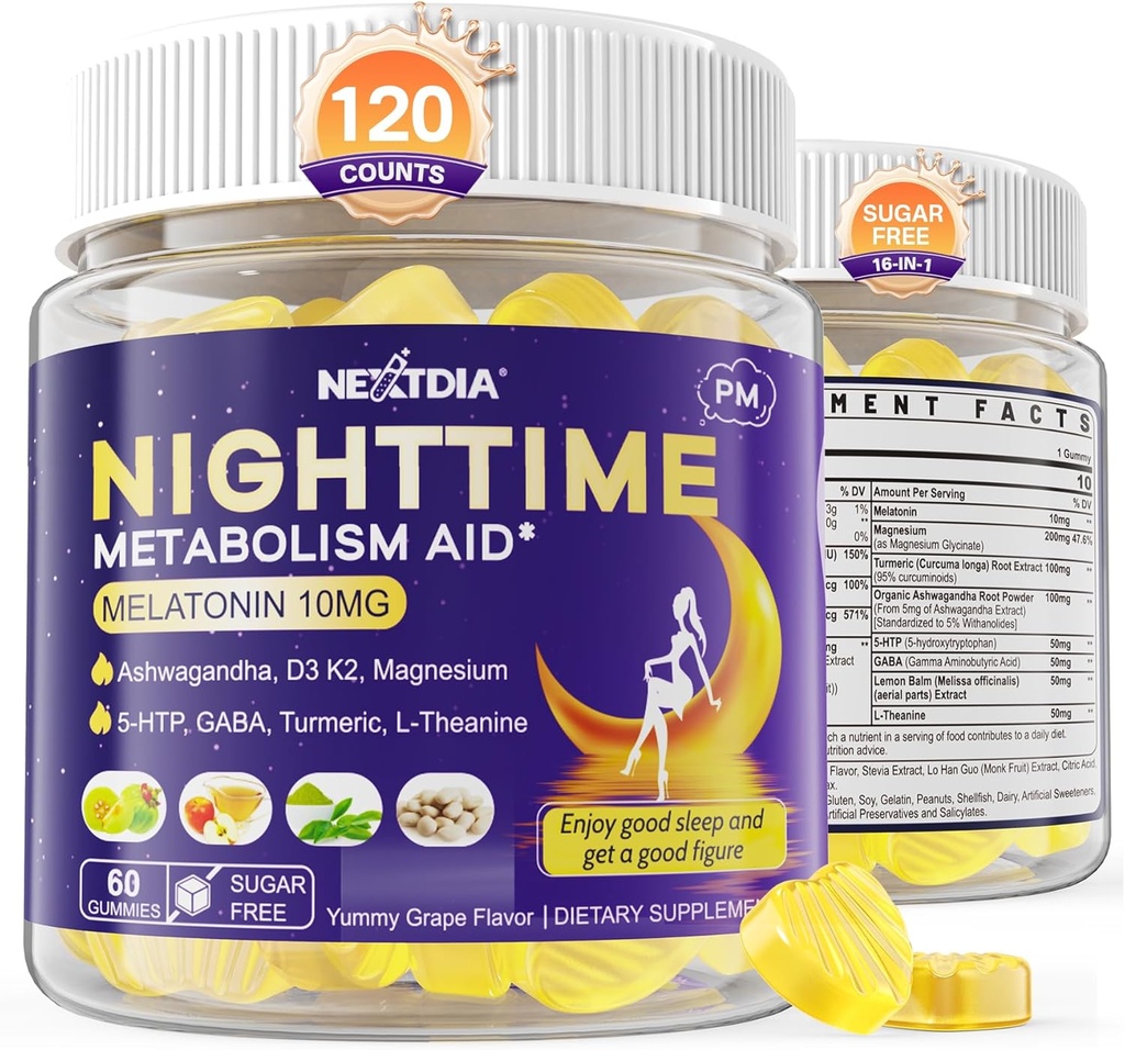 Melatonin 10mg Gummis, Nachtzeit Metabolismus Gummis für Erwachsene, Crush überschüssige Hoarding während Sie ruhen, fördern gesunde Zzzs, mit Magnesium, Ashwagandha, 5-HTP, GABA, 100% Drug Free,Sugar Free,2Packs