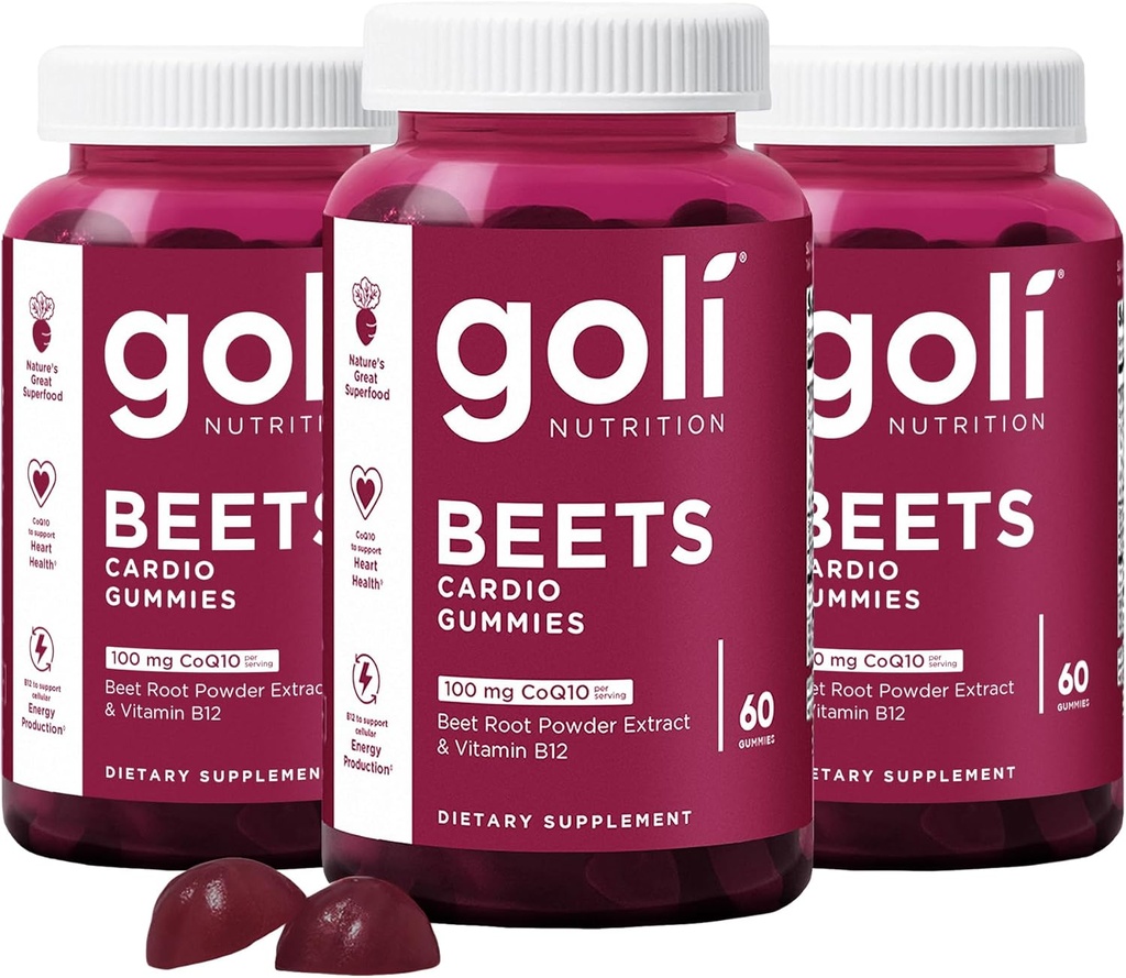 Goli Nahrungsergänzungsmittel, Beets Cardio Gummy, 180 Count(3 Pack von 60), 100mg CoQ10 & Beet Root Extract - Gluten-Free, Vegan, Non-GMO, und Gelatin-Free.