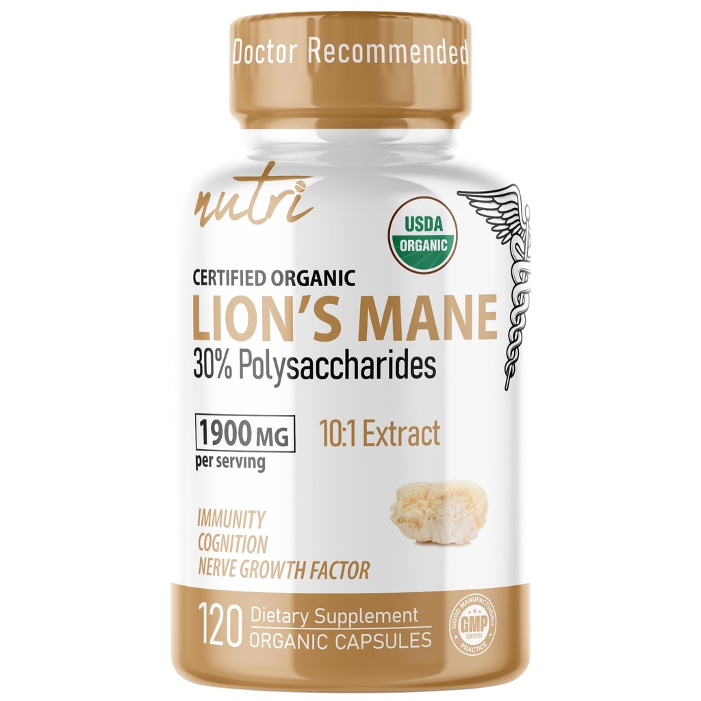 Nature's Fusions Nutri Organic Lions Mane Supplement Kapseln - 1900 mg, 10:1 Dual Extraction, 120 Count - Pilzextrakt (Fruiting Body) - Third Party Tested