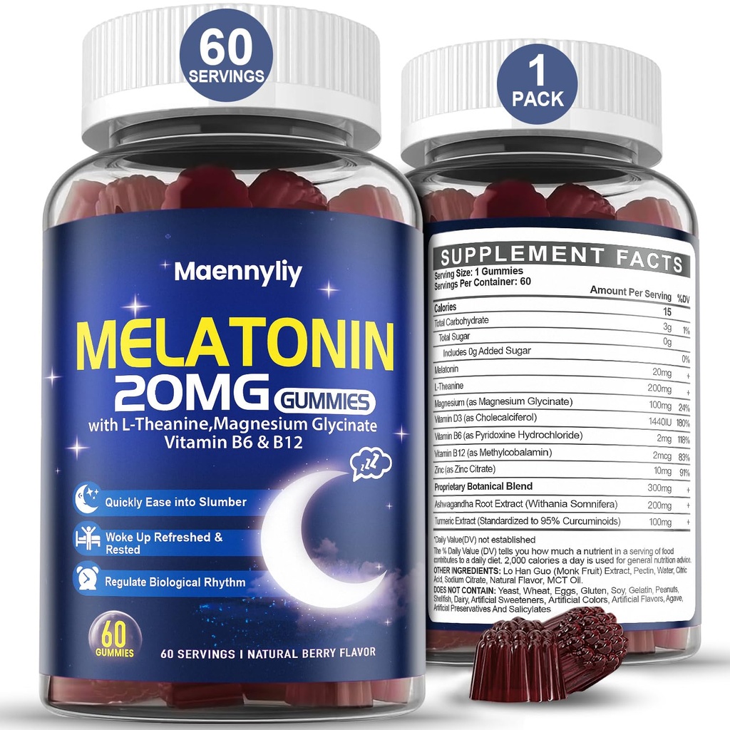 Melatonin 20mg Gummi für Erwachsene - Sugar Free Melatonin Gummis Extra Strength with L-Theanin, Magnesium, Ashwagandha, Turmeric, D3 & Zink - Non-Habit Forming