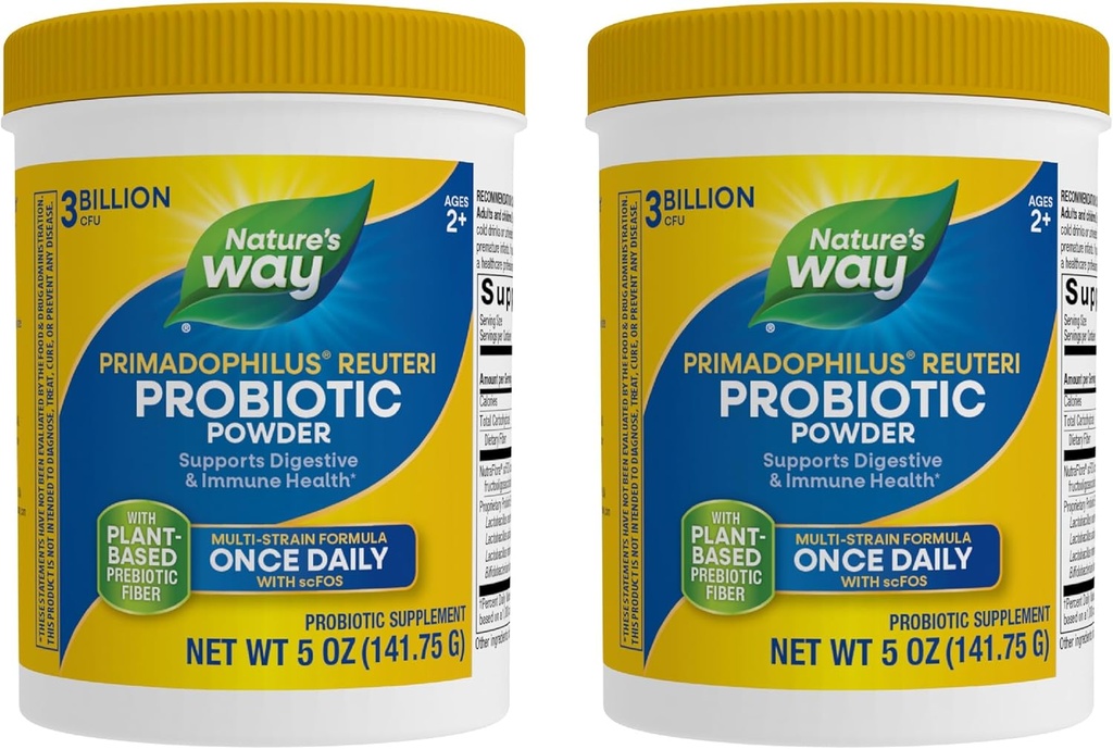 Nature's Way Primadophilus Reuteri Probiotic Powder, unterstützt Verdauungs- und Immungesundheit*, Multi-Strain-Formel, mit Präbiotika, 3 Billion Live Cultures, 5 Oz (Packaging May Vary) - 2 Pack