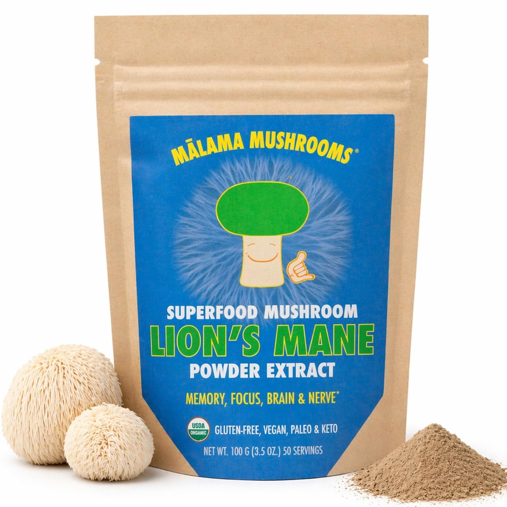 Lion's Mane Extract Powder von Malama, Bio Fruchtkörper Lions Mane Mushroom Powder, Superfood Adaptogenic, unterstützt Gedächtnis, Fokus, Gehirn, & Nerves