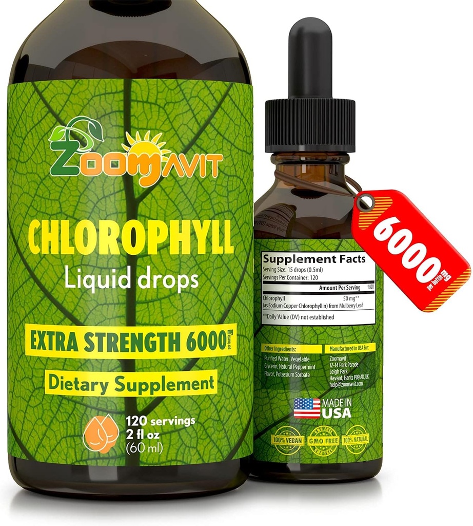 Chlorophyll Liquid Drops 100% Bio Vegan - Energie- und Immunsystem Booster Supplement mit Mint Flavor für Wasser - Natürliche innere Deodorant - Extra Strength 6000mg 120 Servietten