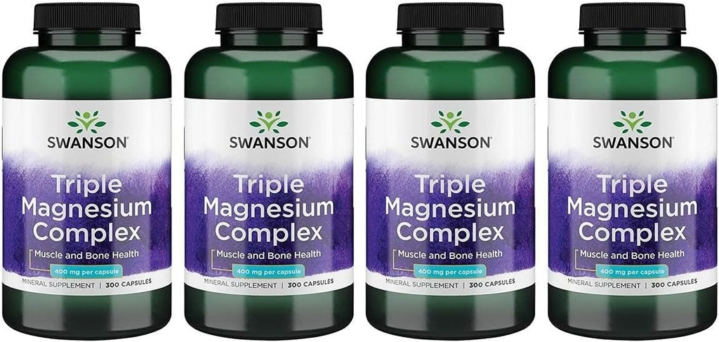 Swanson Triple Magnesium Complex - Mineralische Ergänzung - Natürliche Unterstützung - Mit Citrat, Oxid & Aspartate - (300 Kapseln, 400mg Jede, 4 Packung)