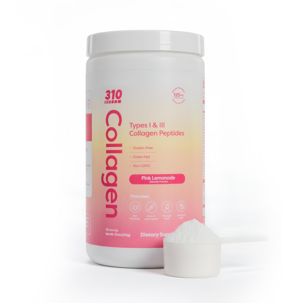310 Ernährung hydrolysierte Collagen Peptide Pulver für Frauen & Männer - Grass-Fed Collagen Supplement w/Hyaluronsäure, Resveratrol, Vitamin C,D & E für Haut, Haar und Nägel - 30 SRV Pink Lemonade