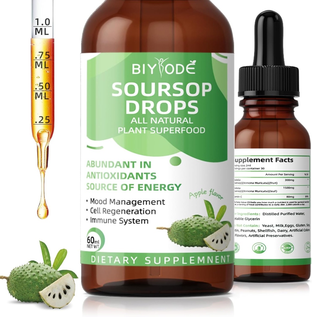 Soursop Graviola Flüssigkeitstropfen: 1800mg Premium Antioxidans Unterstützung für Immun-Gesundheit Verdauung Erholung Schlaf Vegan Gluten Free Sugar Free 1 Fl Oz 30 Tage Versorgung