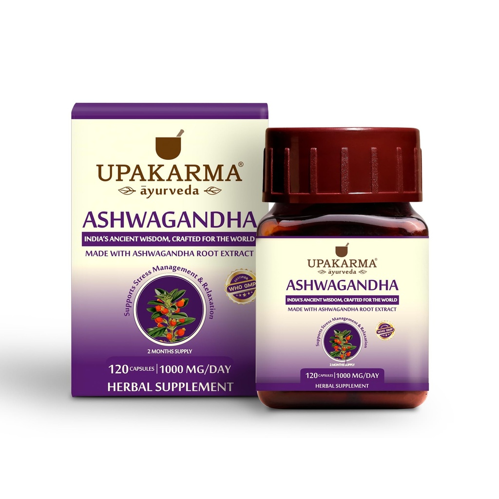 UPAKARMA Ashwagandha | 60 Tage Lieferung | Reiner Extrakt basiert 1000 mg pro Servieren | Lab getestet, R&D Backed, 120 Vegan Kapseln, Ergänzungen für Stressentlastung und Energieunterstützung