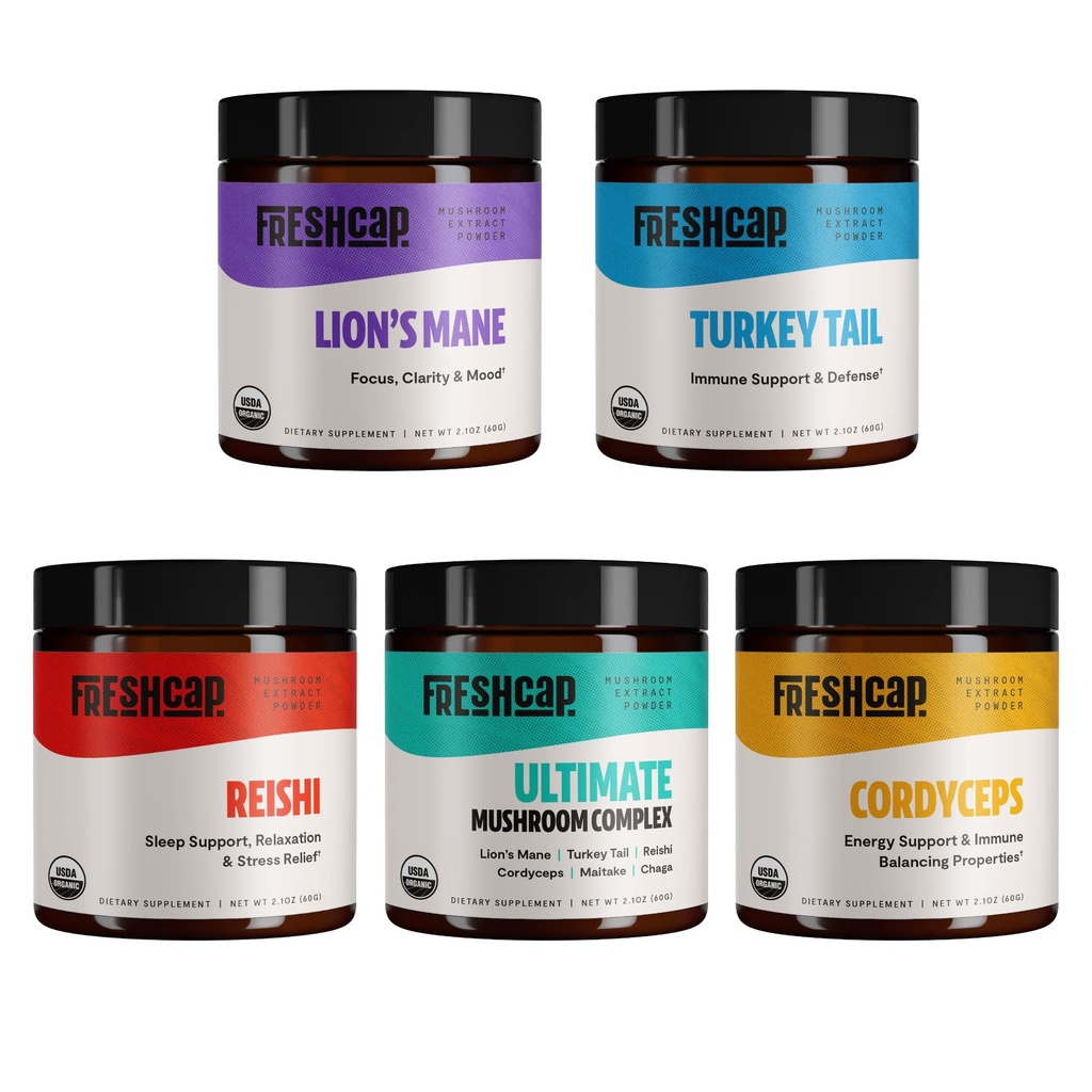 FreshCap Mushrooms Ultimate Mushroom Starter Kit (Cordyceps, Lion's Mane, Turkey Tail, Reishi und der Ultimate Mushroom Complex) 60 Servietten