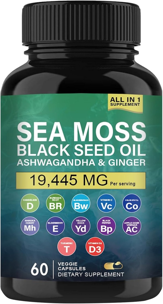 Bio Sea Moss, Black Seed Oil, Ashwagandha und Ginger Kapseln, Sea Moss Ergänzungen mit Burdock Root Organic, Vitamin C, D3, Turmeric und Yellow Dock für Energieunterstützung, Immunsystem und Haut