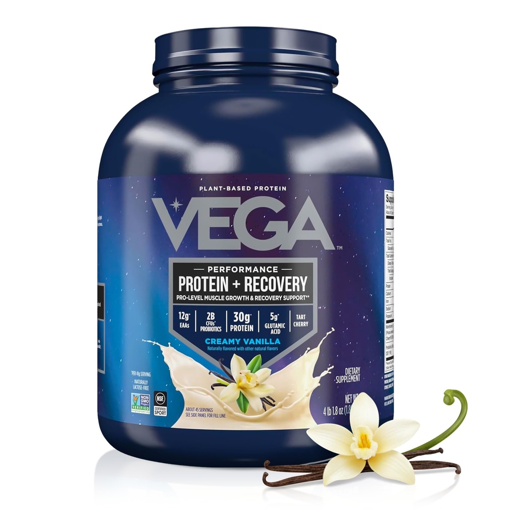 Vega Sport Vegan Protein Powder + Recovery - 30g Pflanzen basiertes Protein per Servieren, Vanille, 45 Servierungen, 5g BCAAs, Probiotics, NSF zertifiziert, Für Shakes & Smoothies, 4.1lbs (Packaging May Vary)